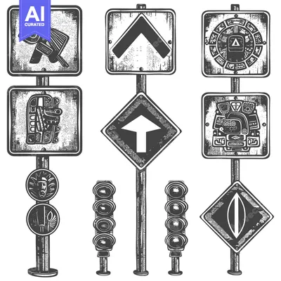 Premium design asset: Hand-Drawn Illustrations of Various Road Signs with Aztec-Inspired Des