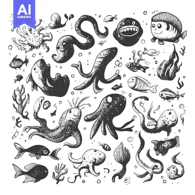 Aset premium populer: Hand-drawn illustrations of various sea creatures and plants