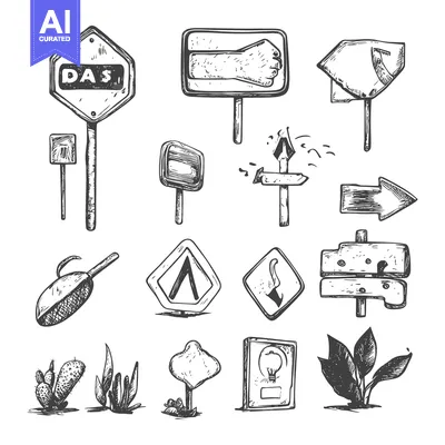 Hand-Drawn Illustrations of Various Signs, Arrows, and Plants