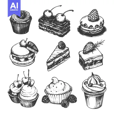 Aset premium populer: Hand-Drawn Illustrations of Various Sweet Treats, Including Cakes, Cup