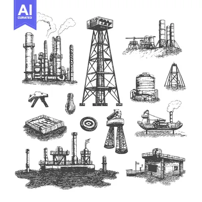 Premium design asset: Hand-drawn Industrial Structures and Offshore Oil Rigs Illustration