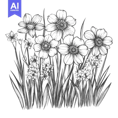 Aset premium populer: Hand-Drawn Ink Illustration of a Bouquet of Blooming Flowers with Stem