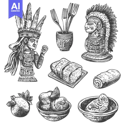 Aset premium populer: Hand-Drawn Ink Illustrations of Ancient Mayan Culture Artifacts and Fo