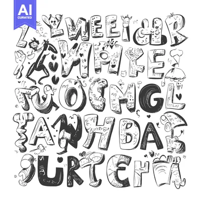 Aset premium populer: Hand-drawn jungle alphabet with stylized letters and cartoon character