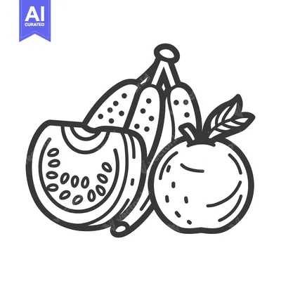 Premium design asset: Hand-Drawn Line Art Illustration of a Banana, Apple, and Kiwi Slice