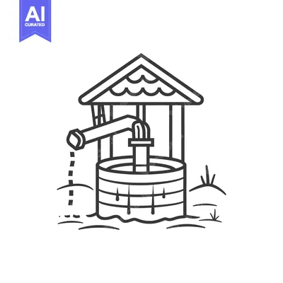 Hand-Drawn Line Art Illustration of a Water Well with a Pump