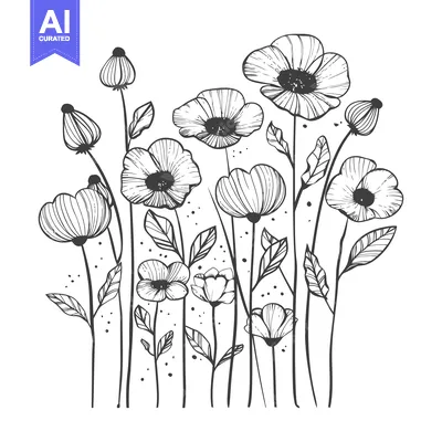 Aset desain premium: Hand-drawn line art illustration of delicate wildflowers with stems an