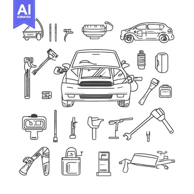 Hand-drawn Line Art Illustration of Various Car Parts and Tools