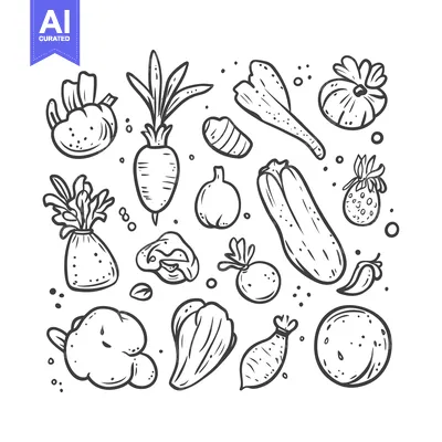 Aset desain premium: Hand-drawn Line Art Illustration of Various Vegetables and Fruits