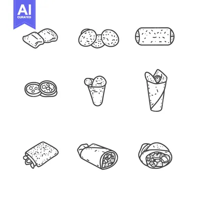 Aset premium populer: Hand-drawn line art illustrations of various burrito and taco styles