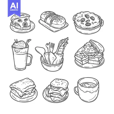 Aset desain premium: Hand Drawn Line Art Illustrations of Various Food Items