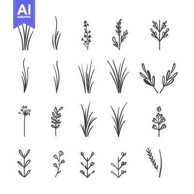 Aset desain premium: Hand-drawn Line Art Illustrations of Various Grass and Plant Shapes