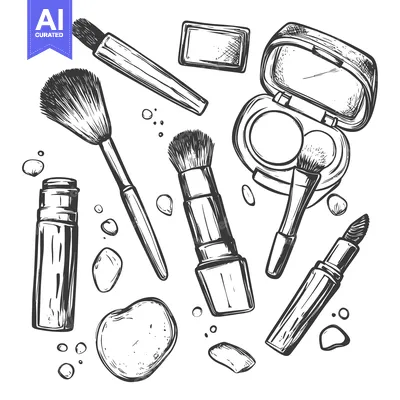 Aset premium populer: Hand-drawn Makeup Products with Brushes and Lipstick