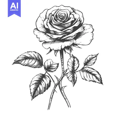 Popular premium asset: Hand-Drawn Monochrome Illustration of a Single Rose with Thorns and Le