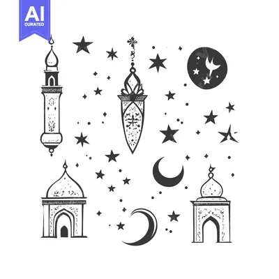 Aset premium populer: Hand-drawn mosque silhouette with crescent moon and stars