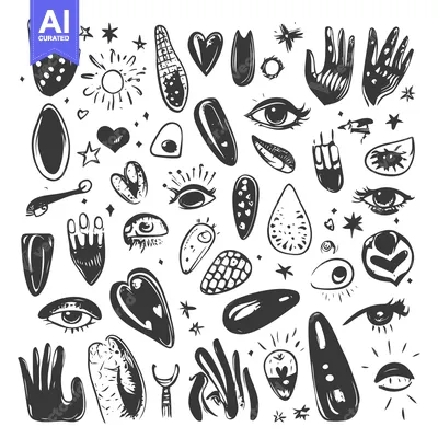 Aset desain premium: Hand Drawn Mystical Symbols and Shapes in Black and White