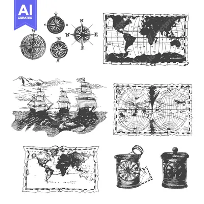 Aset premium populer: Hand-drawn Nautical Illustrations Featuring Compasses, Maps, and Ships