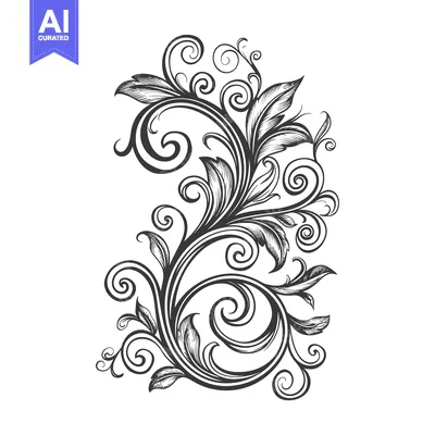 Aset desain premium: Hand-Drawn Ornate Floral Design with Swirling Vines and Detailed Leave