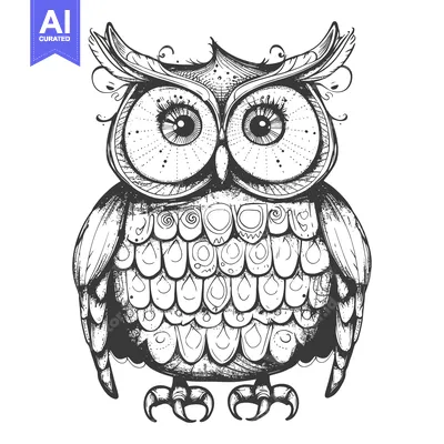 Aset desain premium: Hand-Drawn Ornate Owl with Detailed Feathers and Large Eyes