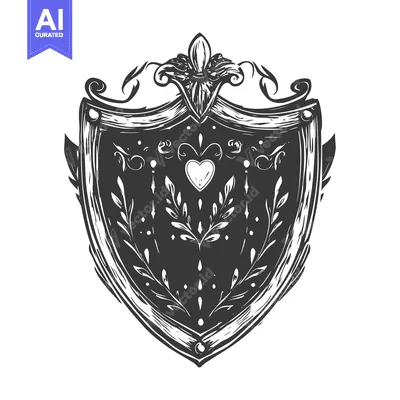 Aset desain premium: Hand-drawn Ornate Shield with Floral Motifs and a Heart