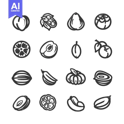 Aset desain premium: Hand-Drawn Outline Icons of Various Fruits and Nuts
