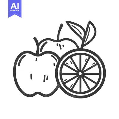 Aset desain premium: Hand-Drawn Outline Illustration of a Whole Apple and a Slice of Orange