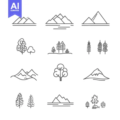 Aset desain premium: Hand-Drawn Outline Illustrations of Mountains and Trees