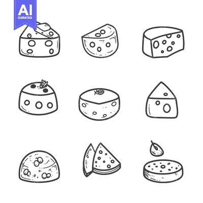 Aset desain premium: Hand-Drawn Outline Illustrations of Various Cheese Shapes