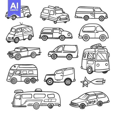 Aset premium populer: Hand-Drawn Outline Illustrations of Various Vehicles