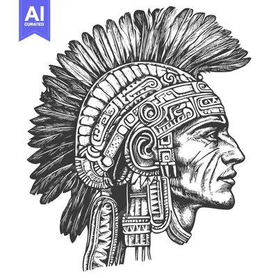 Premium design asset: Hand-drawn Profile of a Native American Man Wearing a Headdress
