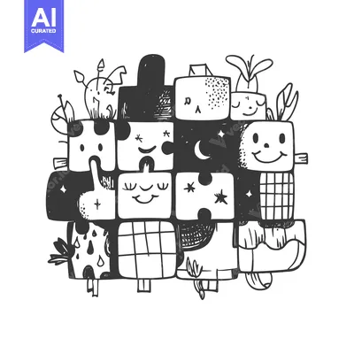 Premium design asset: Hand-Drawn Puzzle Pieces with Quirky Faces and Patterns