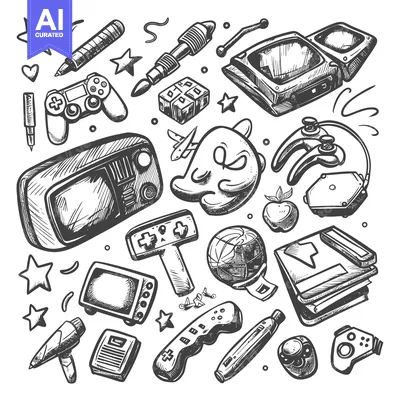 Hand-drawn Retro Game Console, Controllers and Other Items