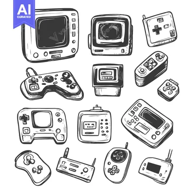 Hand-drawn Retro Game Consoles and Controllers