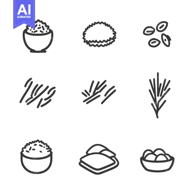 Aset desain premium: Hand-drawn Rice Icon Set in a Bowl, on a Plate, and Loose Grains