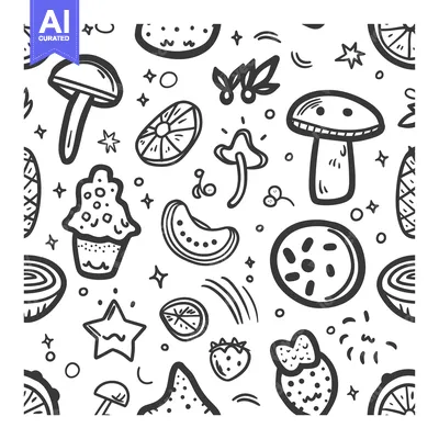 Aset desain premium: Hand-Drawn Seamless Pattern with Mushrooms, Citrus Fruit, and Stars