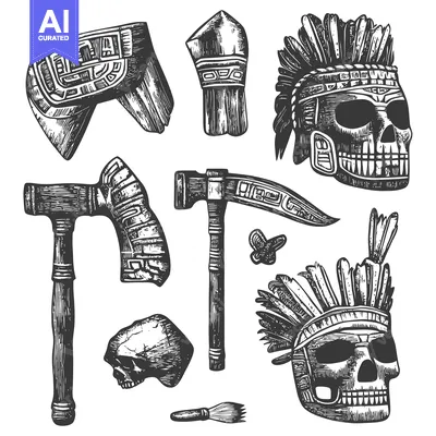 Premium design asset: Hand Drawn Set of Aztec Warrior Artifacts and Skulls