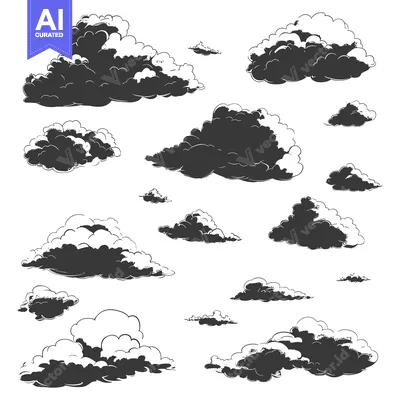Aset premium populer: Hand-Drawn Set of Dark, Cloudy Silhouettes on a White Background