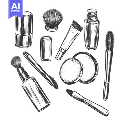 Aset premium populer: Hand-Drawn Set of Makeup Brushes, Containers, and Tubes
