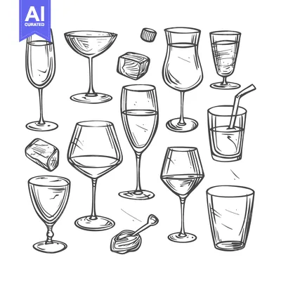 Aset desain premium: Hand-drawn Set of Various Types of Wine and Drinking Glasses
