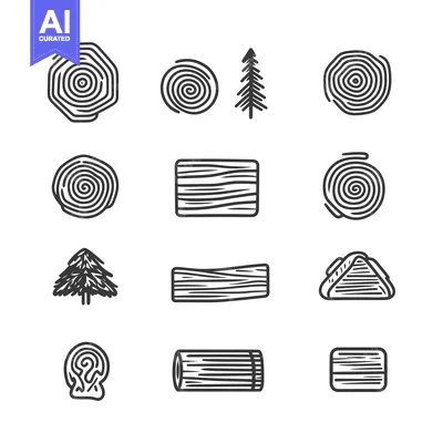 Aset desain premium: Hand-Drawn Set of Wood, Tree, and Log Icons