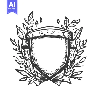 Premium design asset: Hand-Drawn Shield with Floral Wreath and Banner