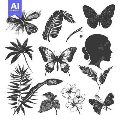 Aset desain premium: Hand-Drawn Silhouettes of Butterflies, Leaves, and a Woman's Profile