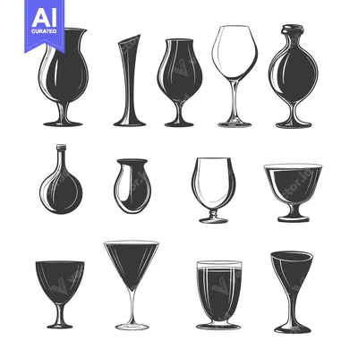 Hand-drawn Silhouettes of Various Glassware for Wine, Cocktails, and L