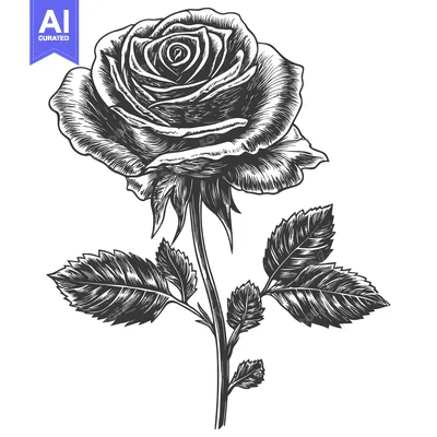 Aset desain premium: Hand-Drawn Single Rose with Detailed Petals and Leaves