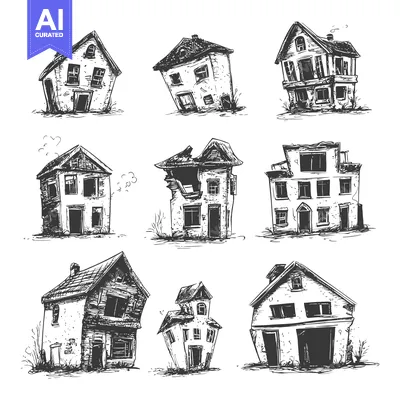 Aset desain premium: Hand-Drawn Sketches of Abandoned and Distressed Houses