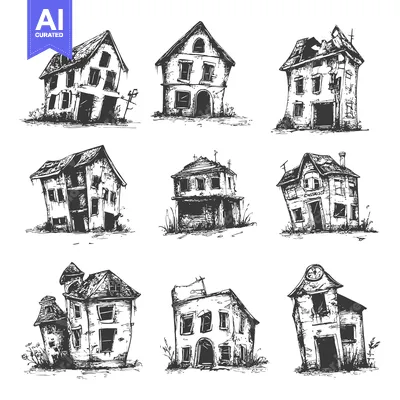 Hand-drawn sketches of abandoned dilapidated houses