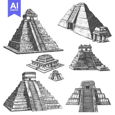 Aset desain premium: Hand-Drawn Sketches of Ancient Mayan Pyramids