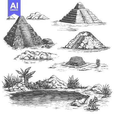 Aset desain premium: Hand-drawn Sketches of Ancient Mayan Pyramids and Tropical Landscape