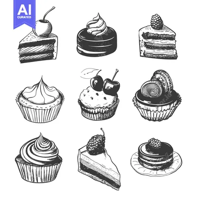 Popular premium asset: Hand-drawn sketches of assorted sweet pastries with cherry, blackberry