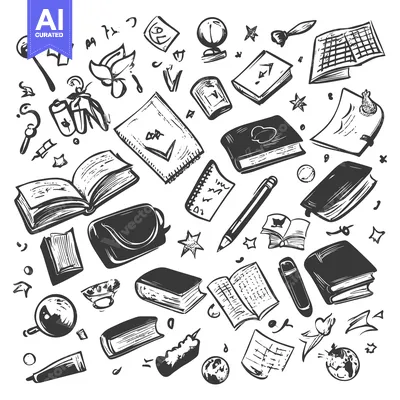 Aset desain premium: Hand-drawn Sketches of Books, Stationery, and Stars